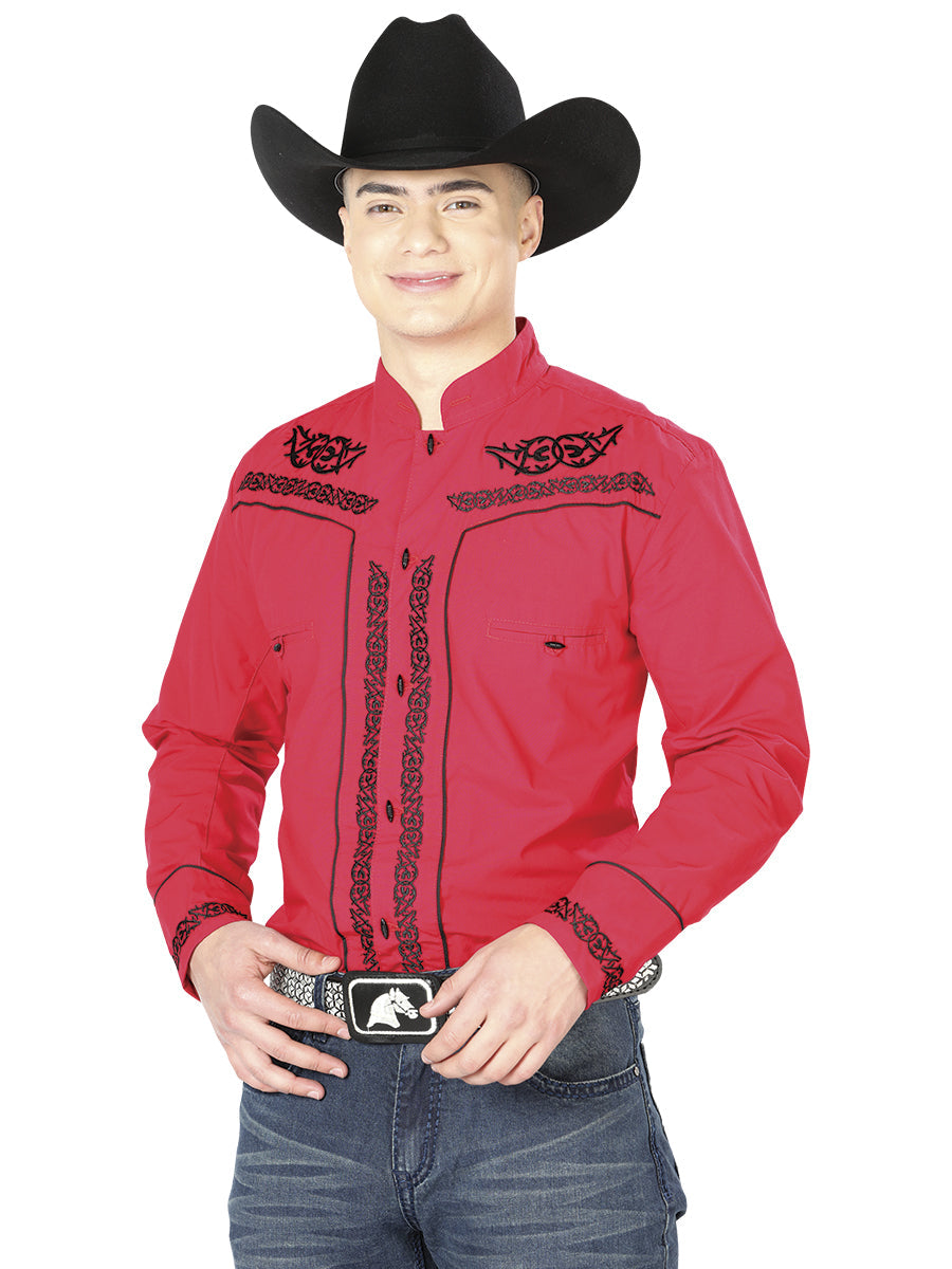 El Señor de los Cielos Charro Embroidery Shirt Red with Black Details