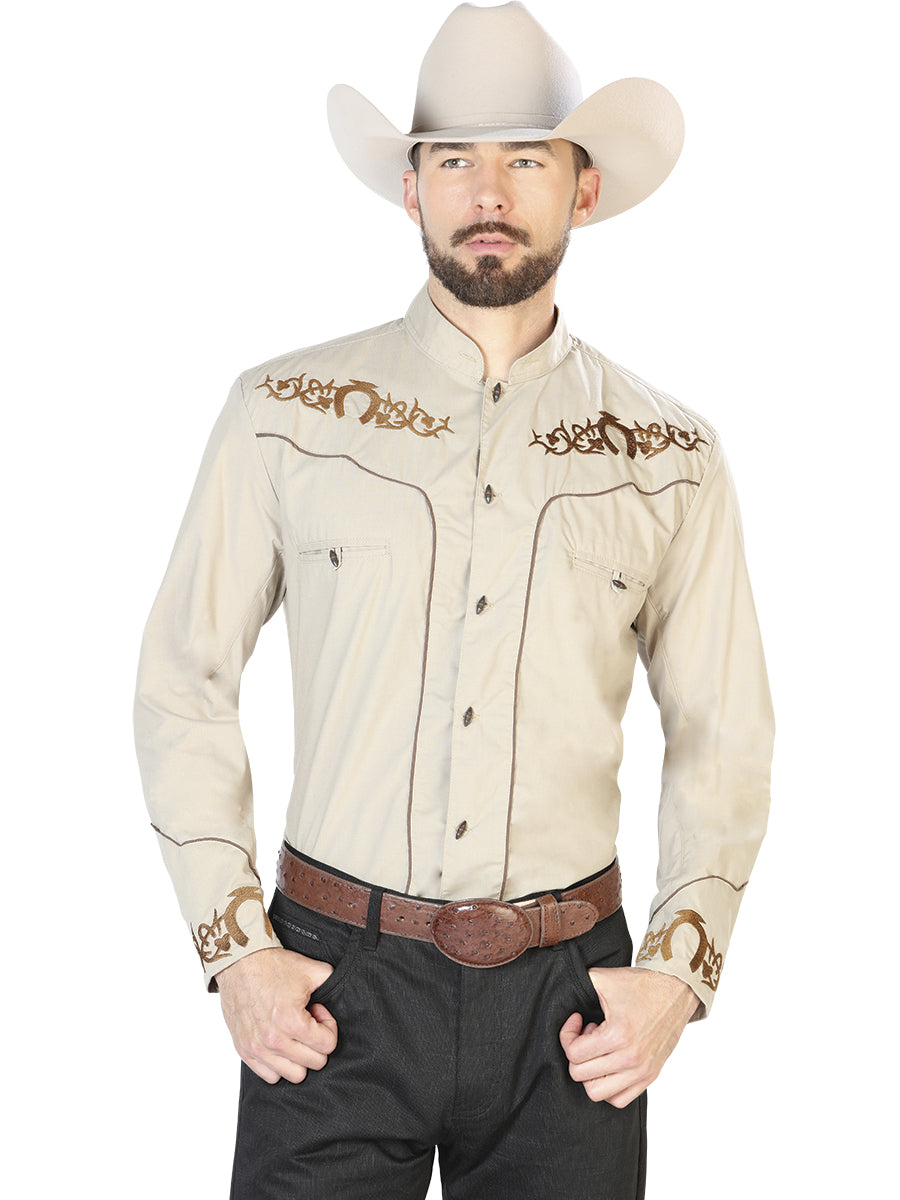 El Señor de los Cielos Charro Embroidery Shirt Khaki/Brown with Horseshoes