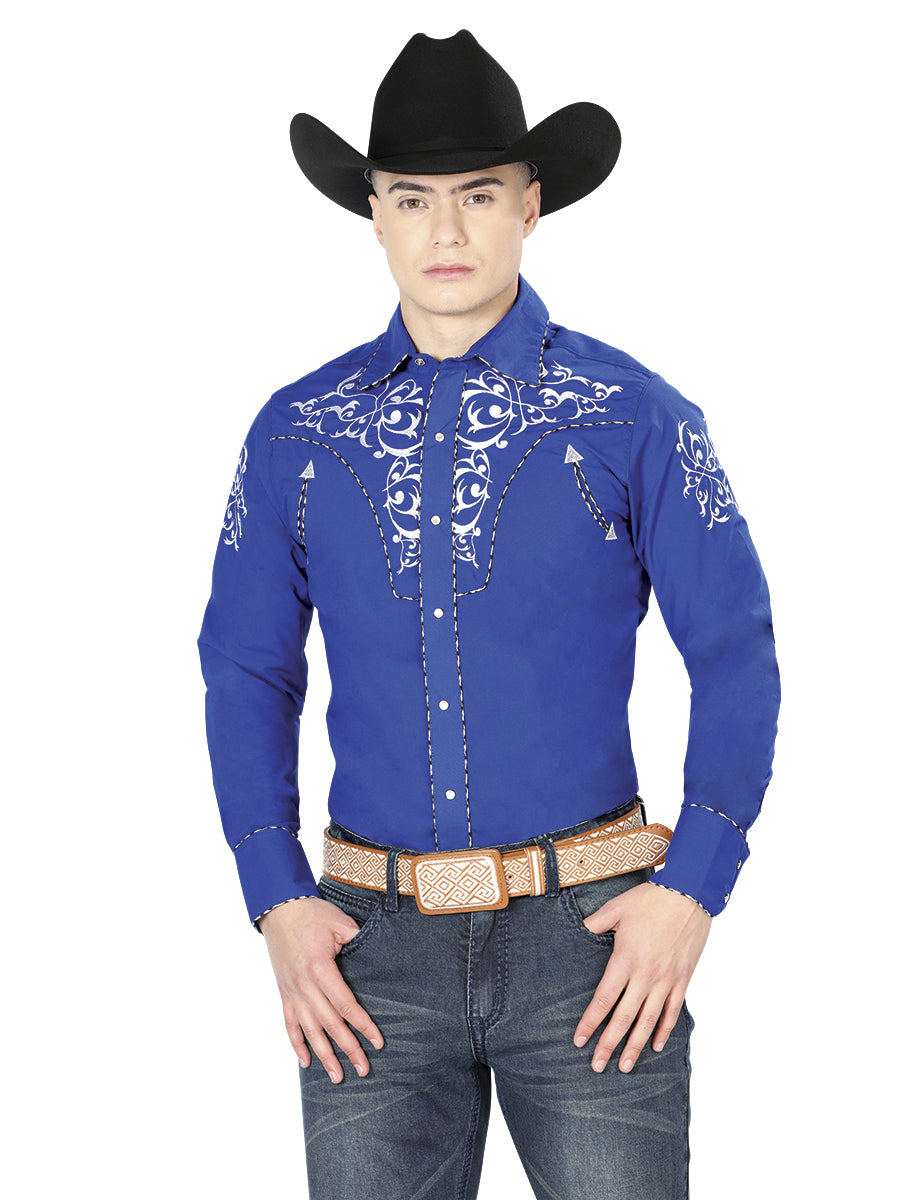 Camisa vaquera bordada azul rey/blanca