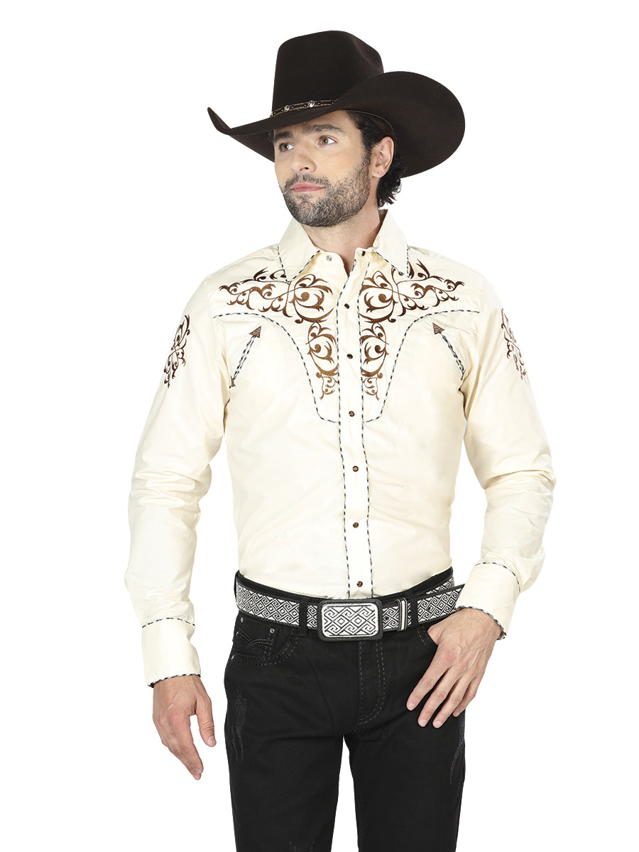 Camisa vaquera bordada beige/dorada