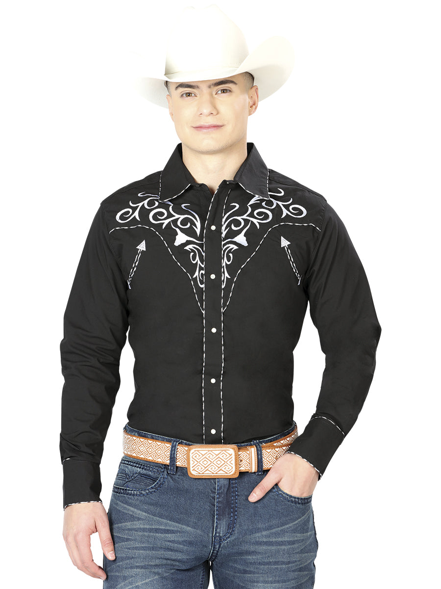 El General Embroidery Western Shirt Black/White Mod. 41003