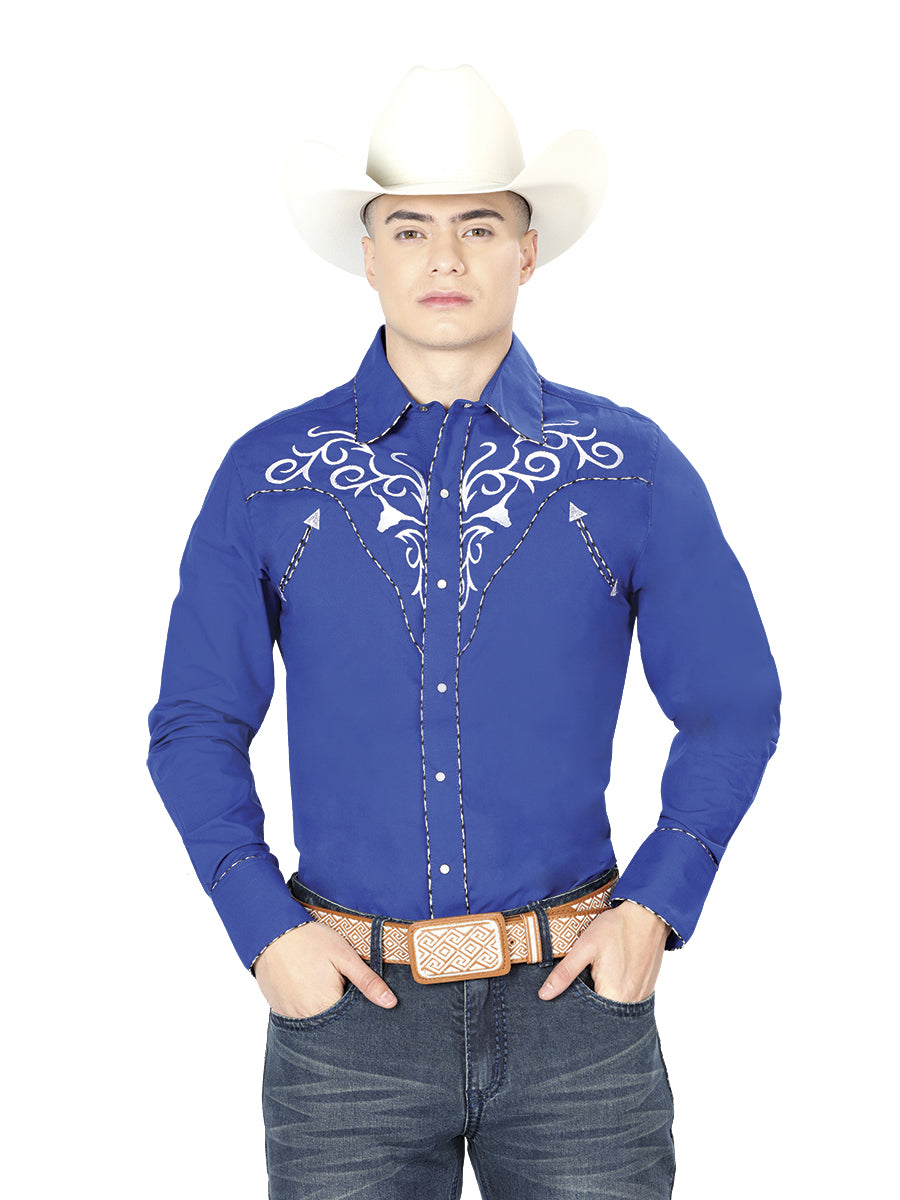 Embroidery Western Shirt Royal Blue/White Mod. 41005