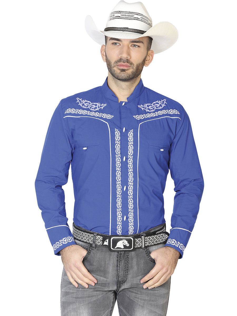 El Señor de los Cielos Charro Embroidery Shirt Royal Blue/White