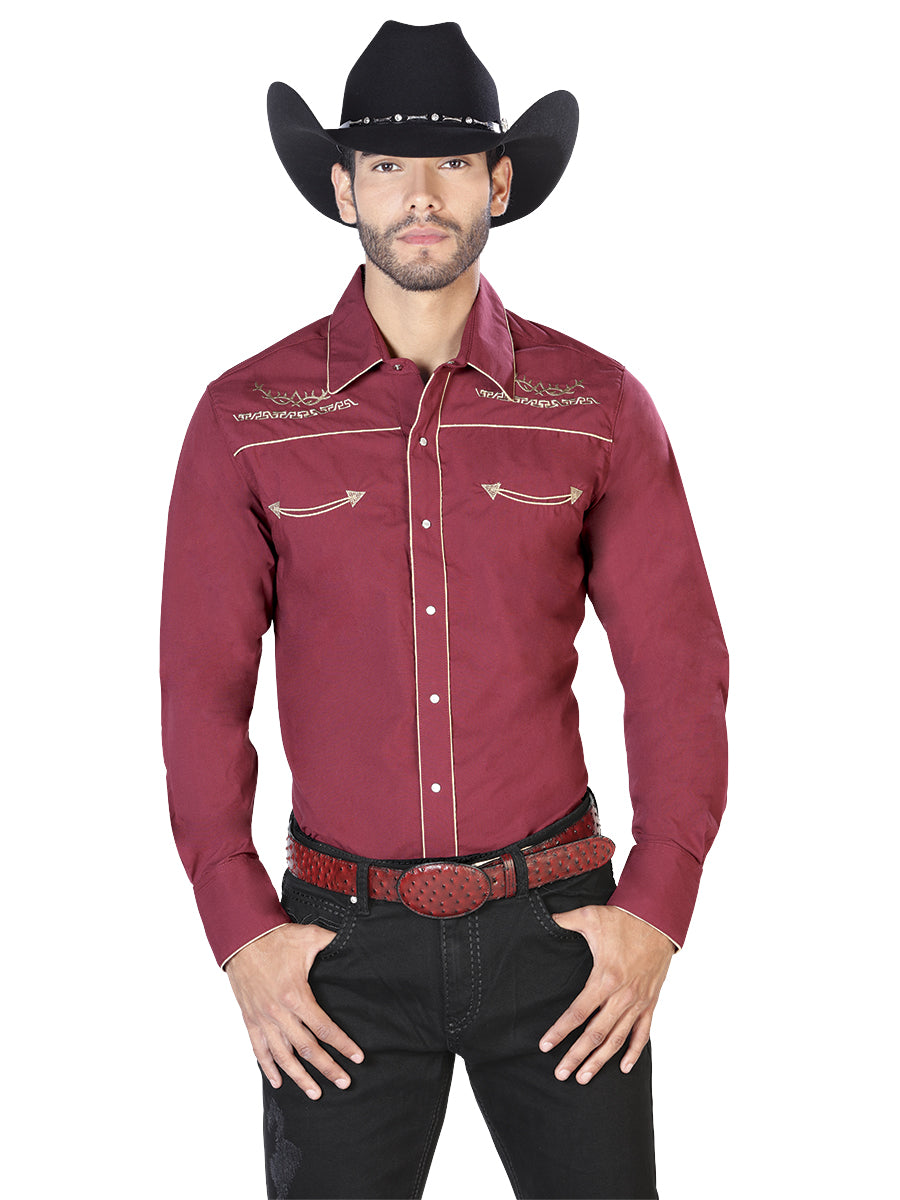 Embroidery Western Shirt Burgandy/Gold