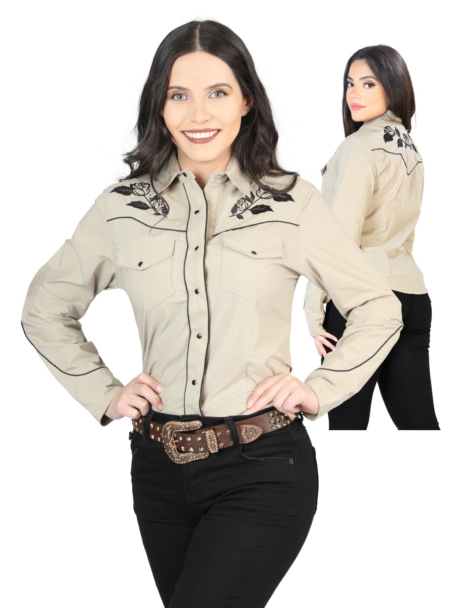 Womens Khaki Embroidered Shirt