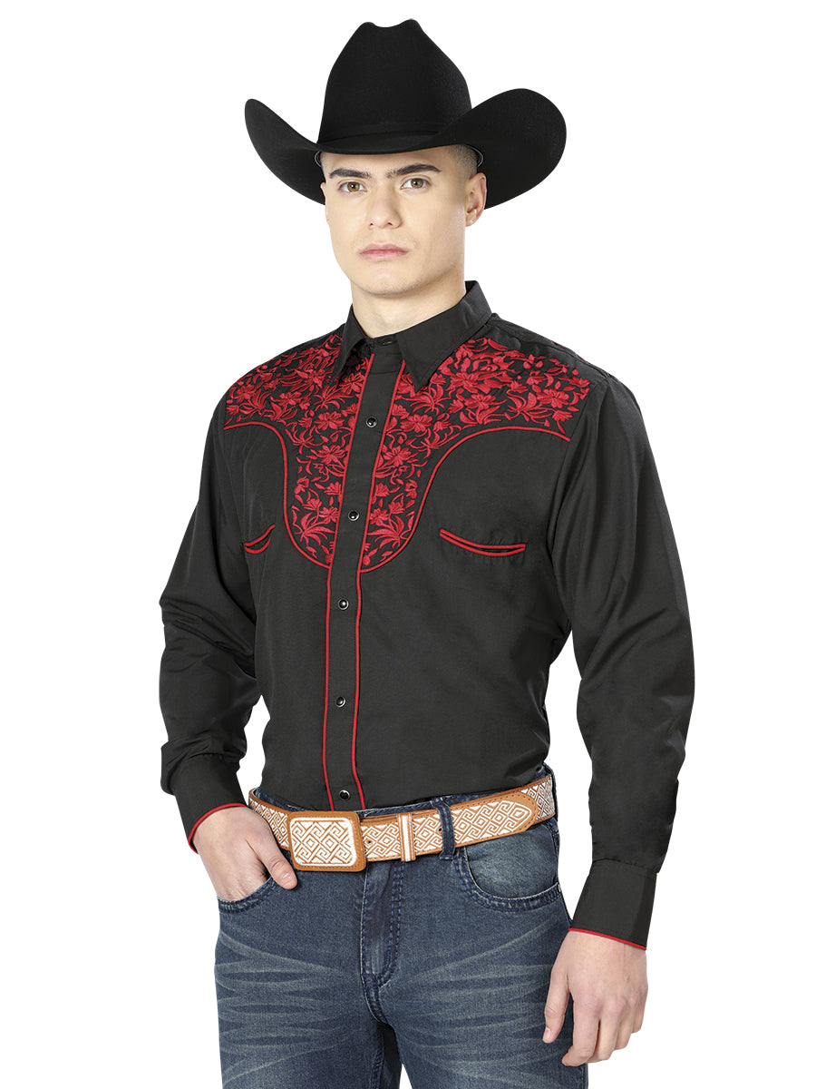 El Señor de los Cielos Embroidery Shirt Black/Red Mod. 43297