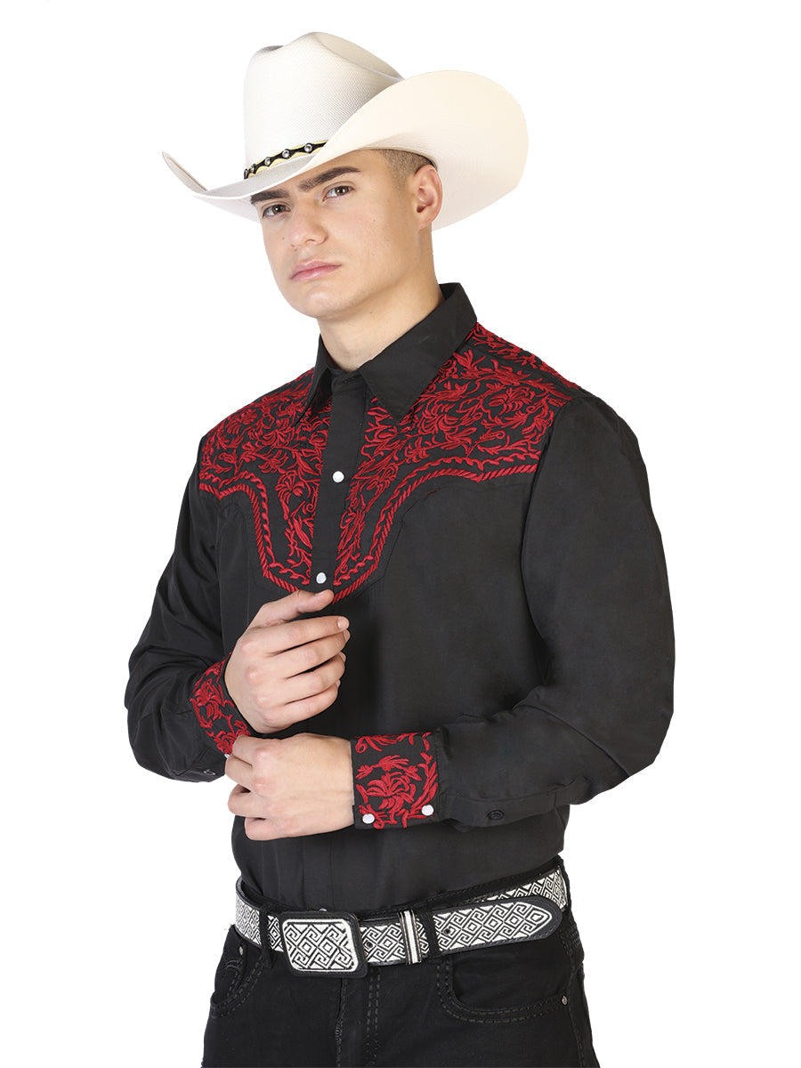 El Señor de los Cielos Embroidery Shirt Black/Red Mod. 43301