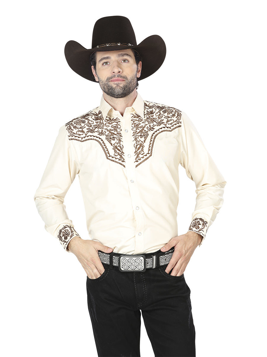 Camisa vaquera bordada beige/dorada