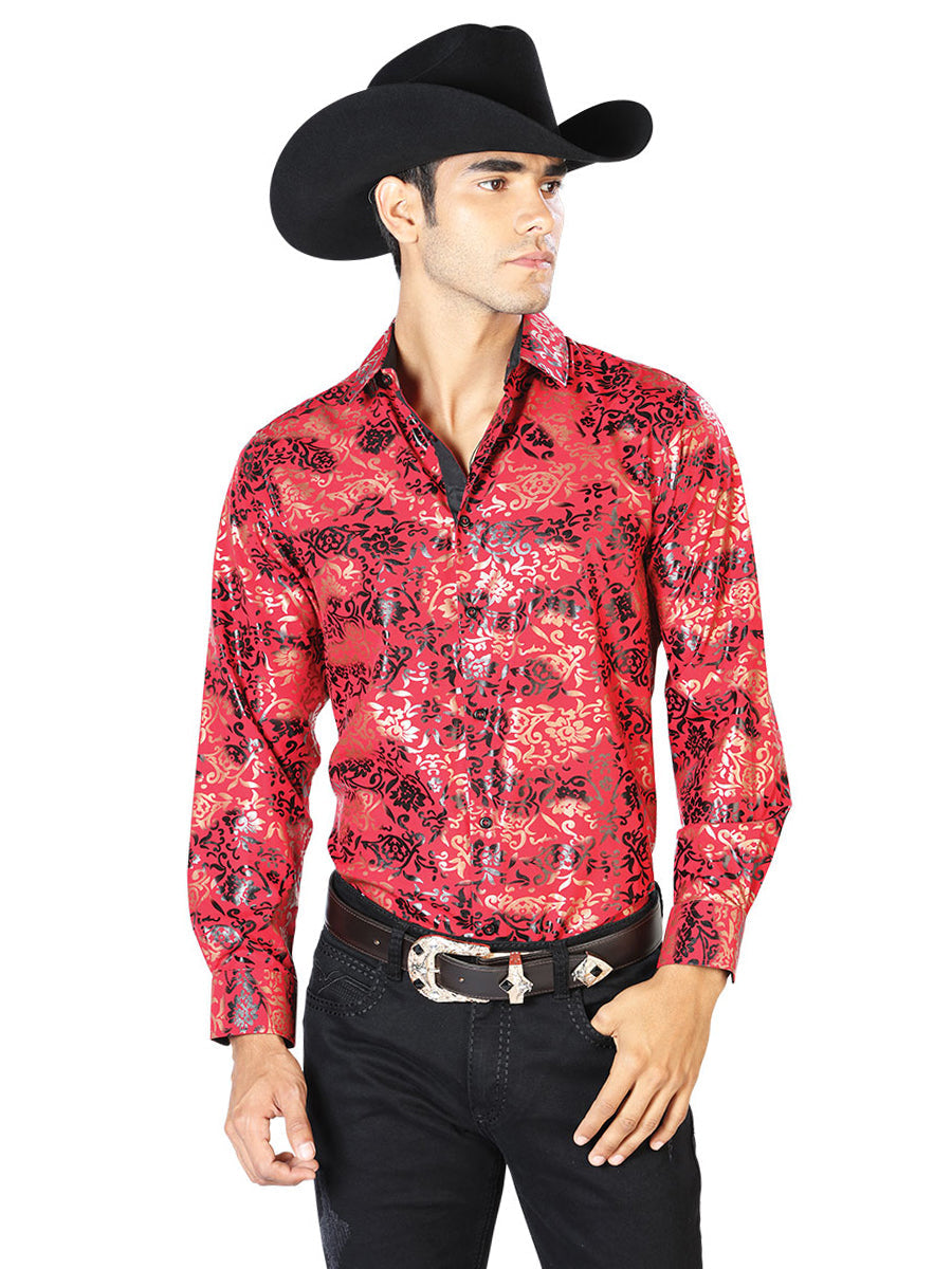 Camisa casual de manga larga roja y dorada, modelo 43572