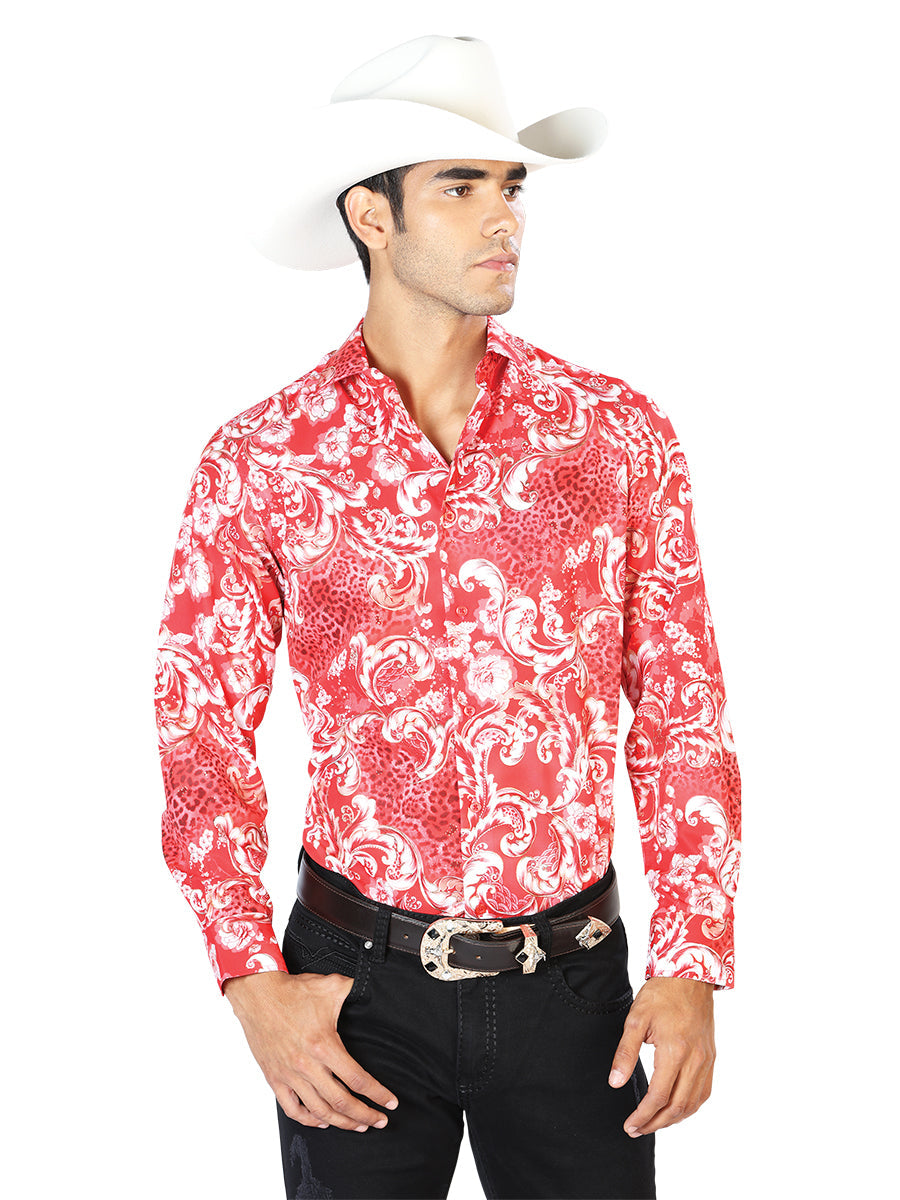 Red Casual Long Sleeve Shirt with White Designs