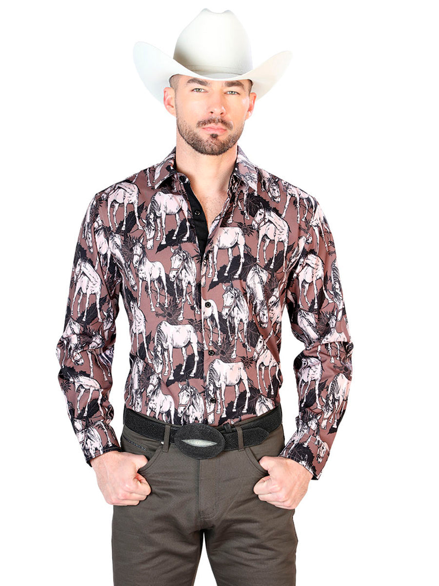 Black And Beige Horse Print Long Sleeve Shirt