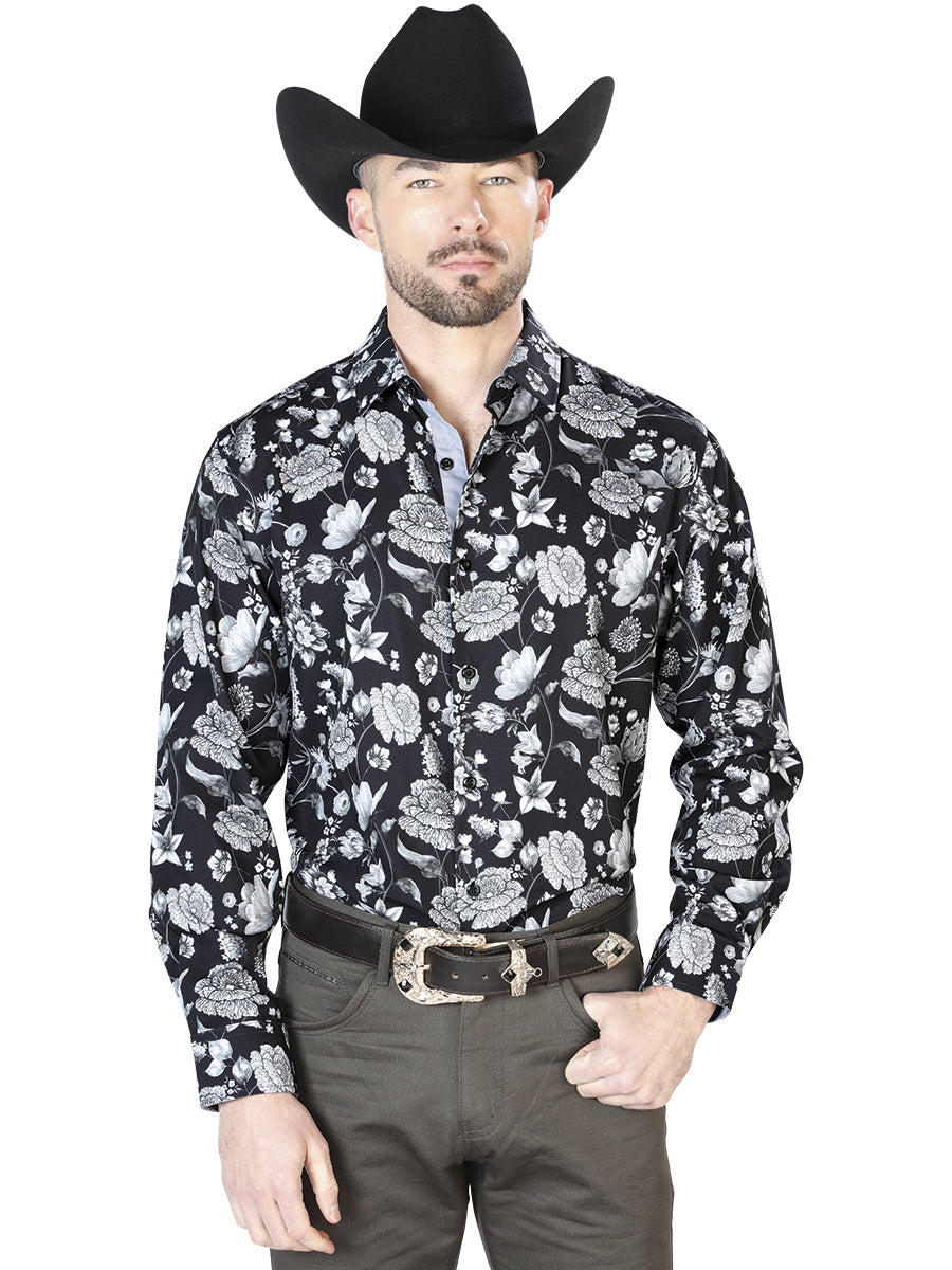 Black Silver Floral Print Casual Long Sleeve Shirt