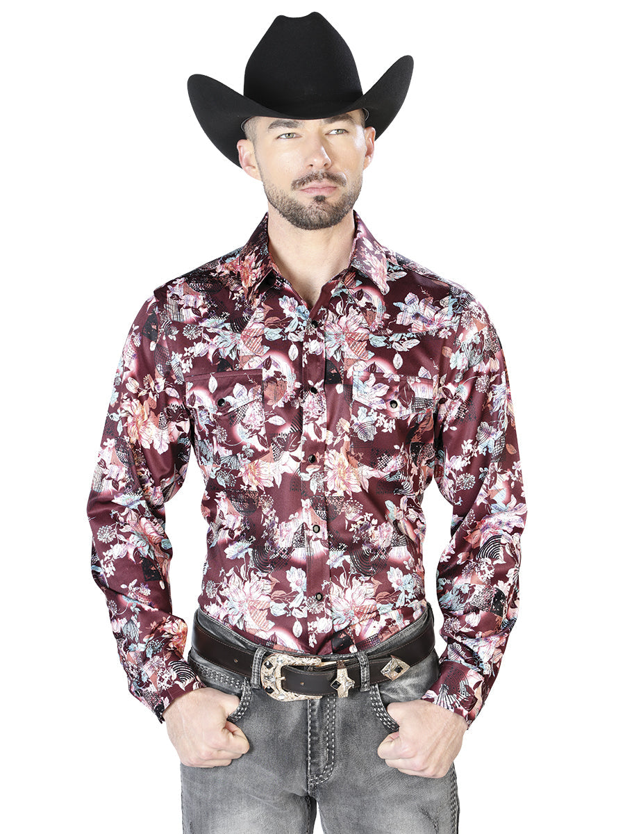 Wine And Beige Flower Print Casual Long Sleeve Shirt