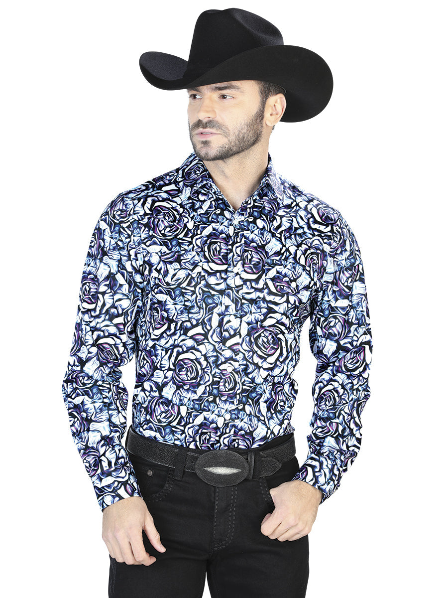 Camisa informal de manga larga con estampado de rosas azules