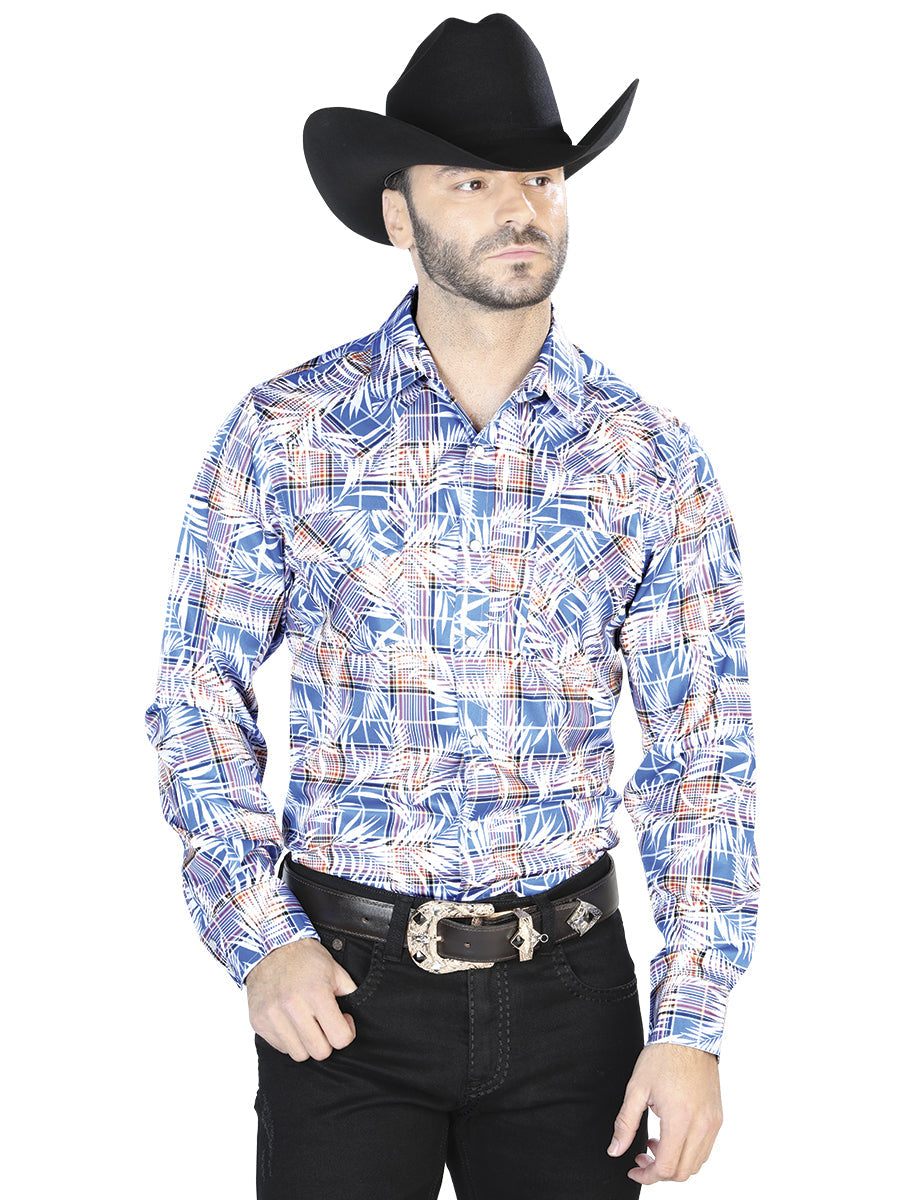 Camisa casual de manga larga azul y blanca, modelo 44086