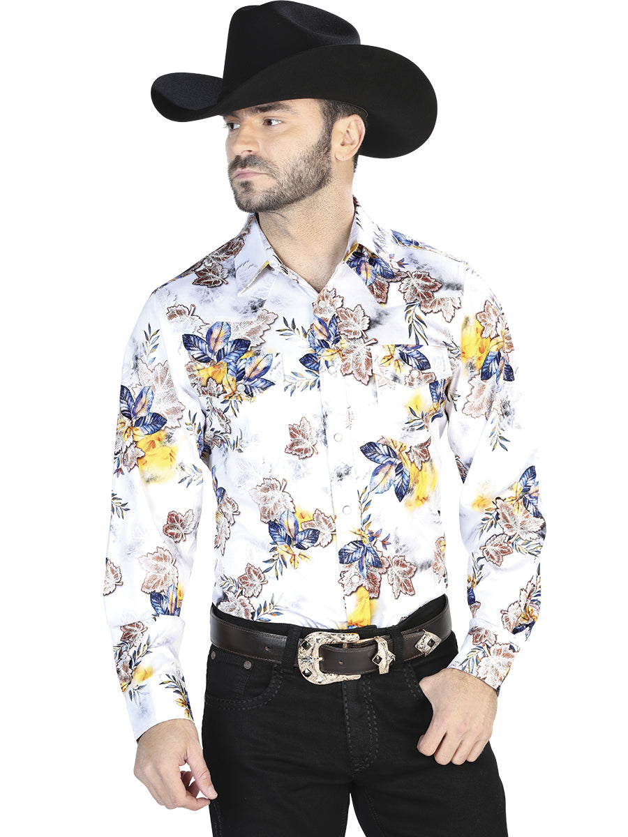White With Flower Print Casual Long Sleeve Shirt