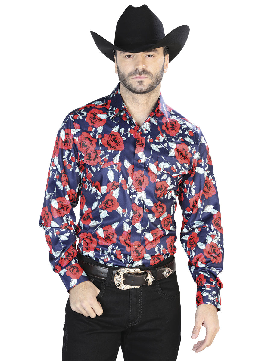Blue With Print Roses Casual Long Sleeve Shirt