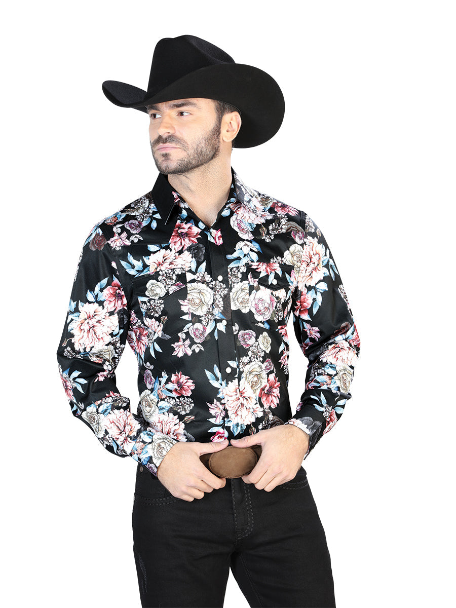 Black/Print Roses Casual Long Sleeve Shirt