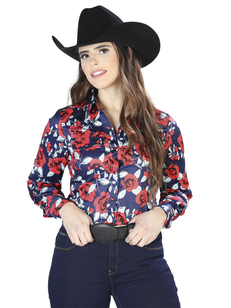 Blue Rose Print Long Sleeve Shirt