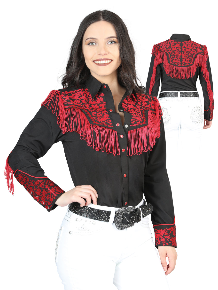 Womens Fringe Black Embroidered Western-style Blouse
