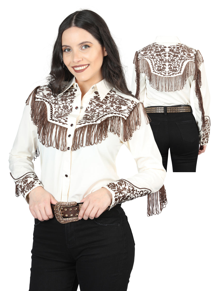 Womens Fringe Beige Embroidered Western Style Blouse