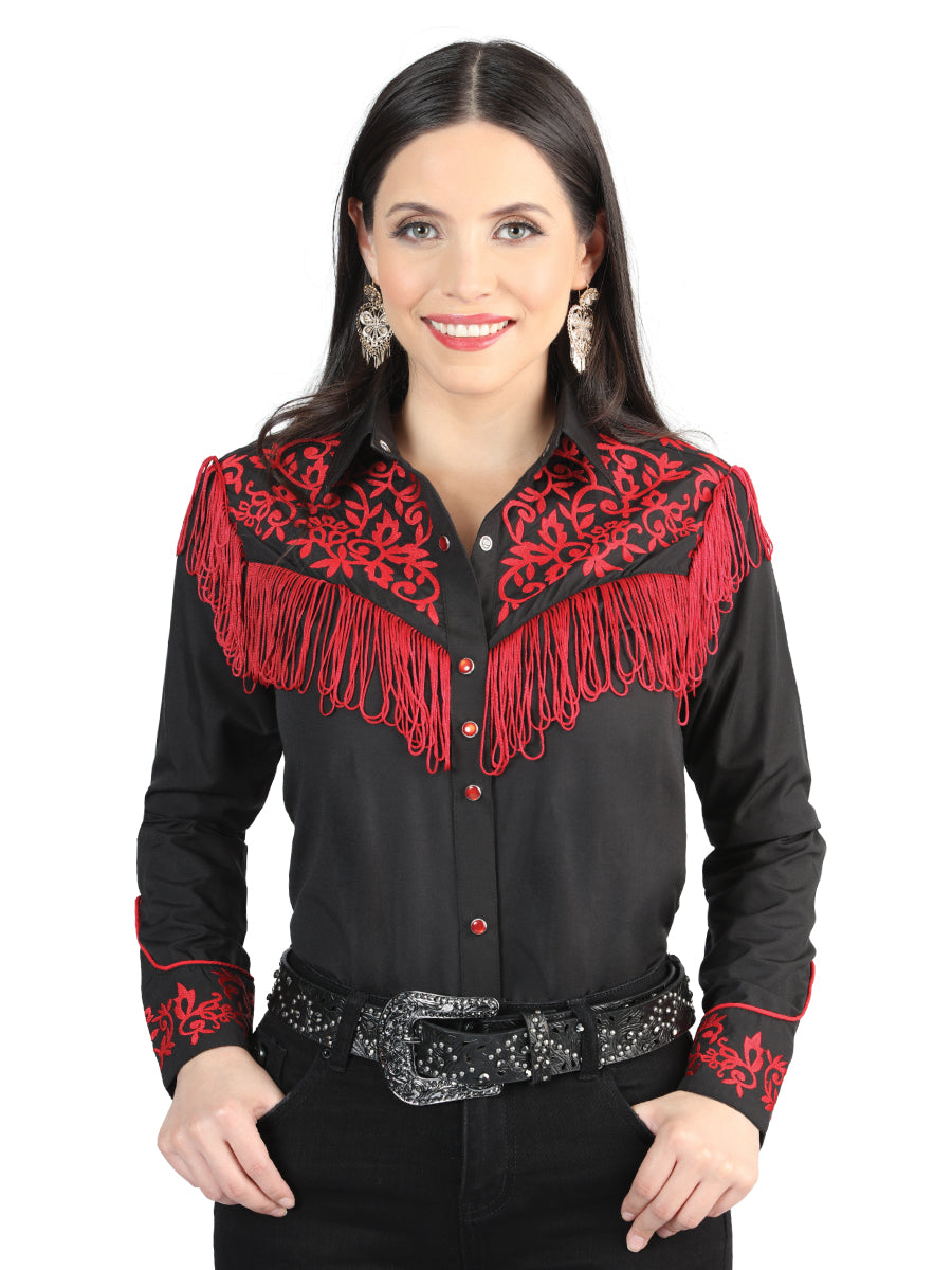 Womens Fringe Black Embroidered Western-style Blouse