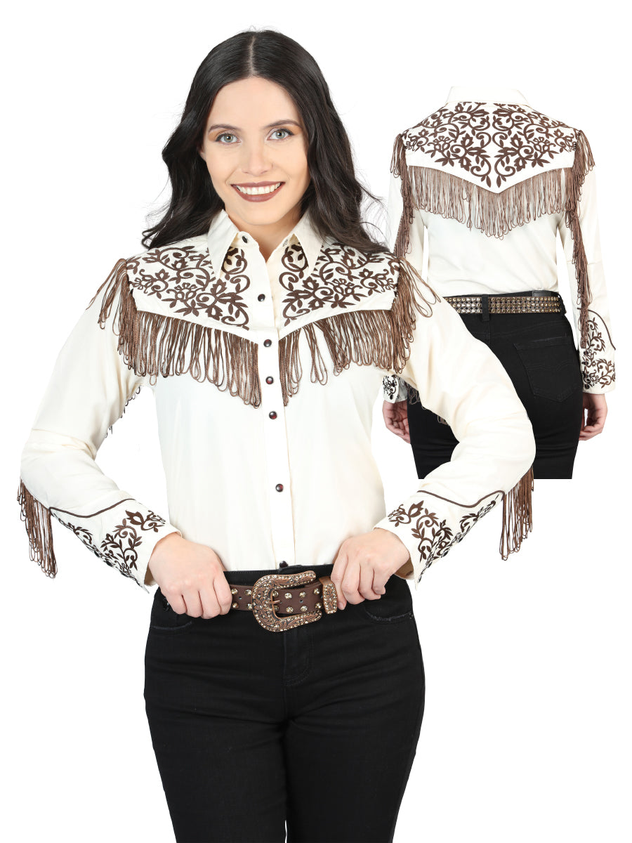Womens Fringe Beige Embroidered Western-style Blouse