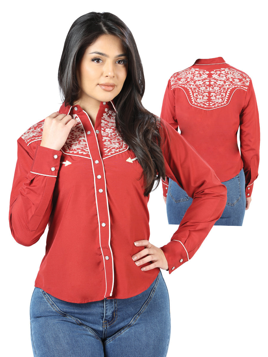 Womens Burgundy Embroidered Western-style Blouse