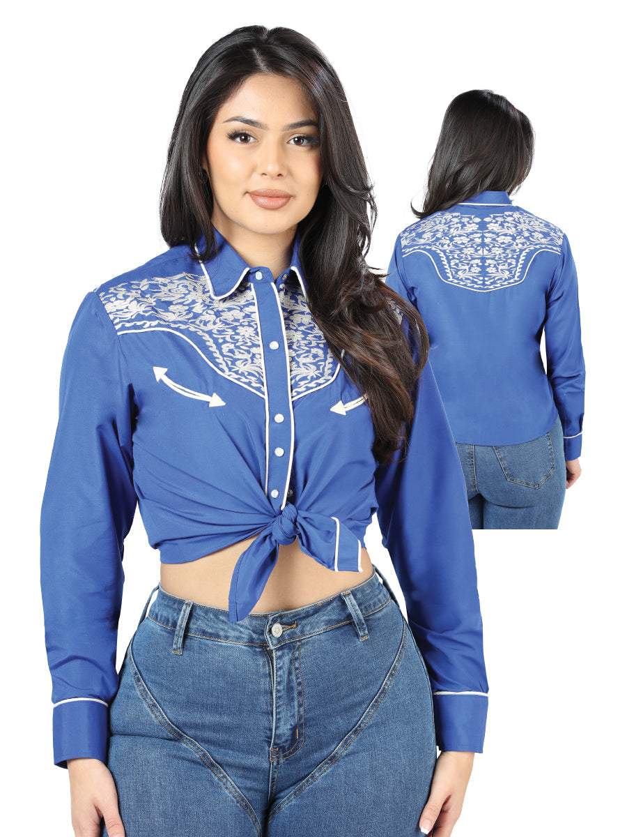 Womens Royal Blue Embroidered Western-style Blouse