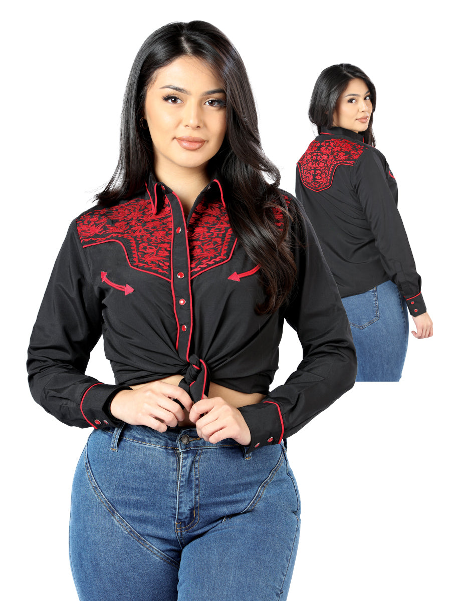 Womens Black Embroidered Western-style Blouse