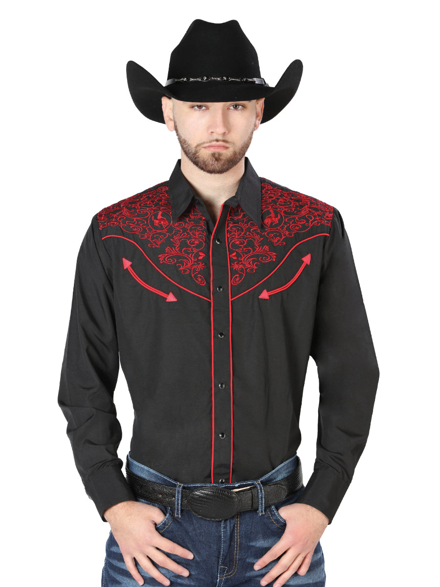 El Señor de los Cielos Embroidery Shirt Black/Red Mod. 44187