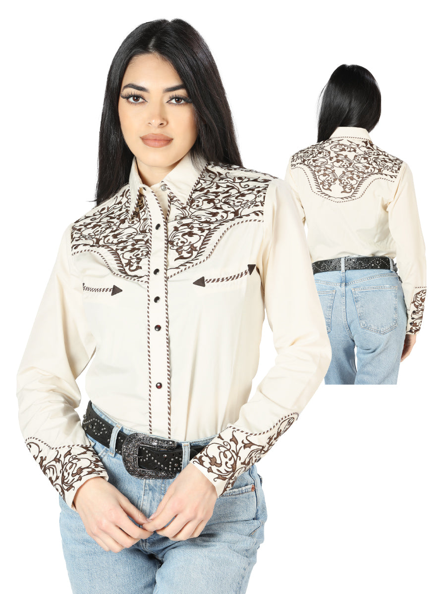 Womens Beige Embroidered Western-style Blouse