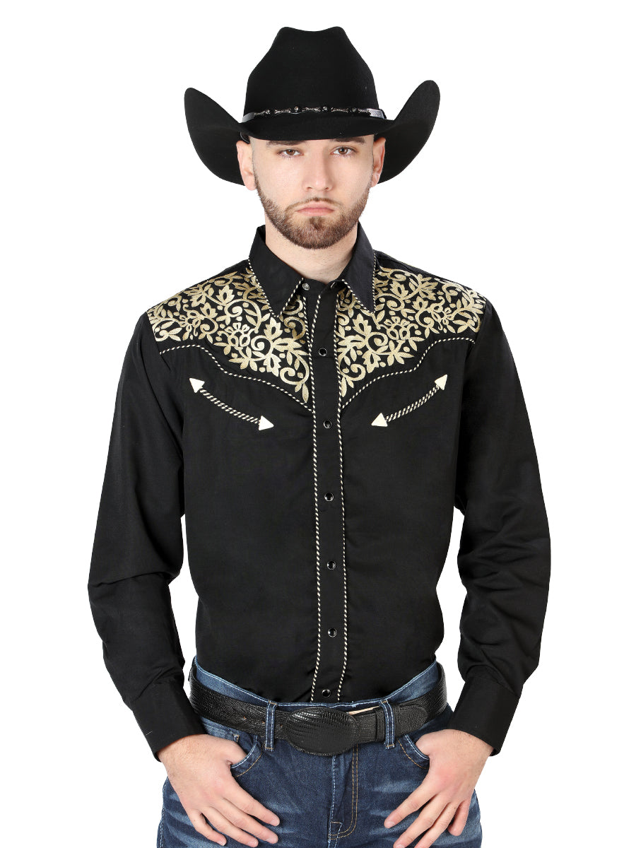 Camisa vaquera bordada negra/dorada
