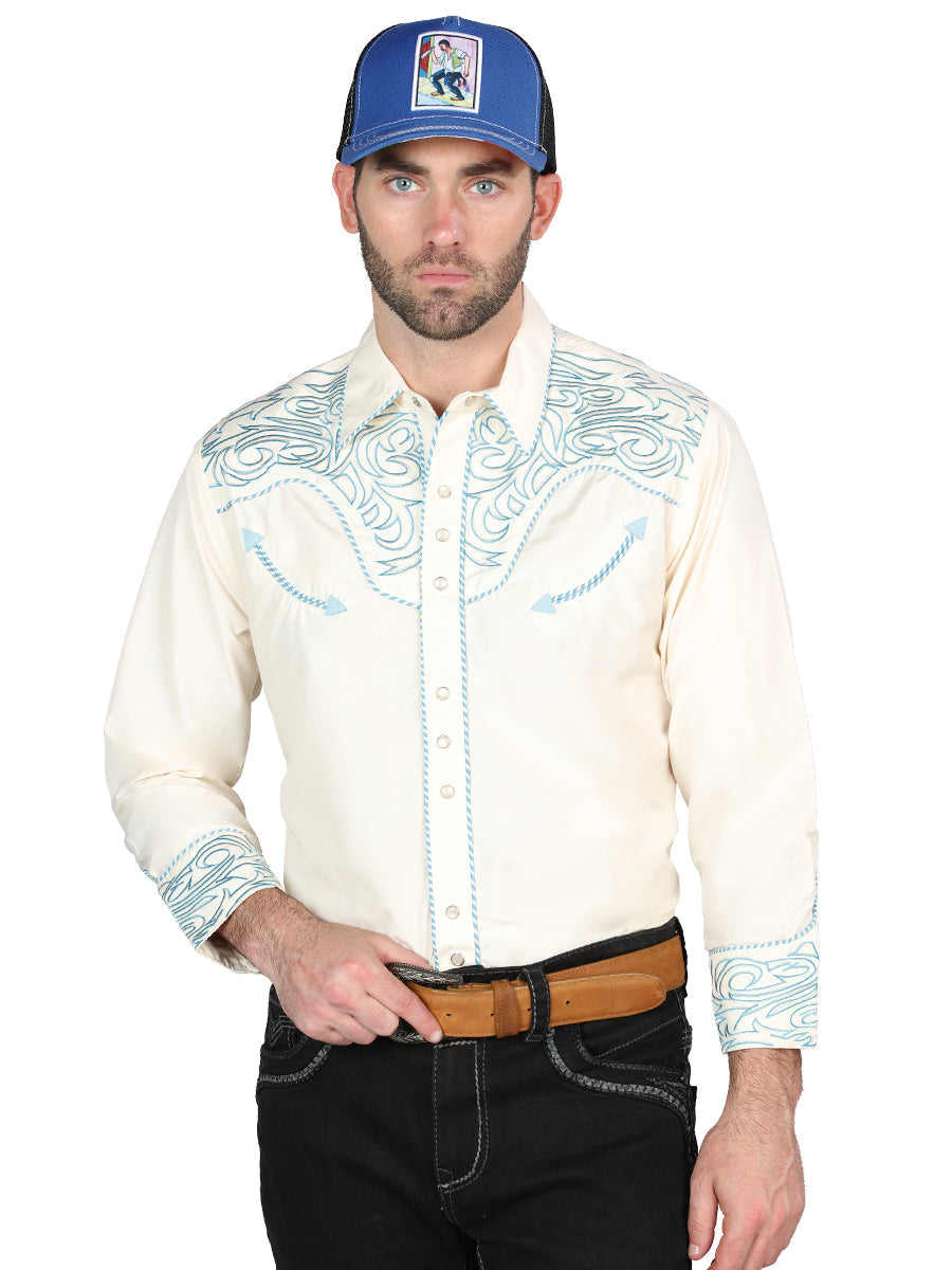 Camisa vaquera bordada beige/azul