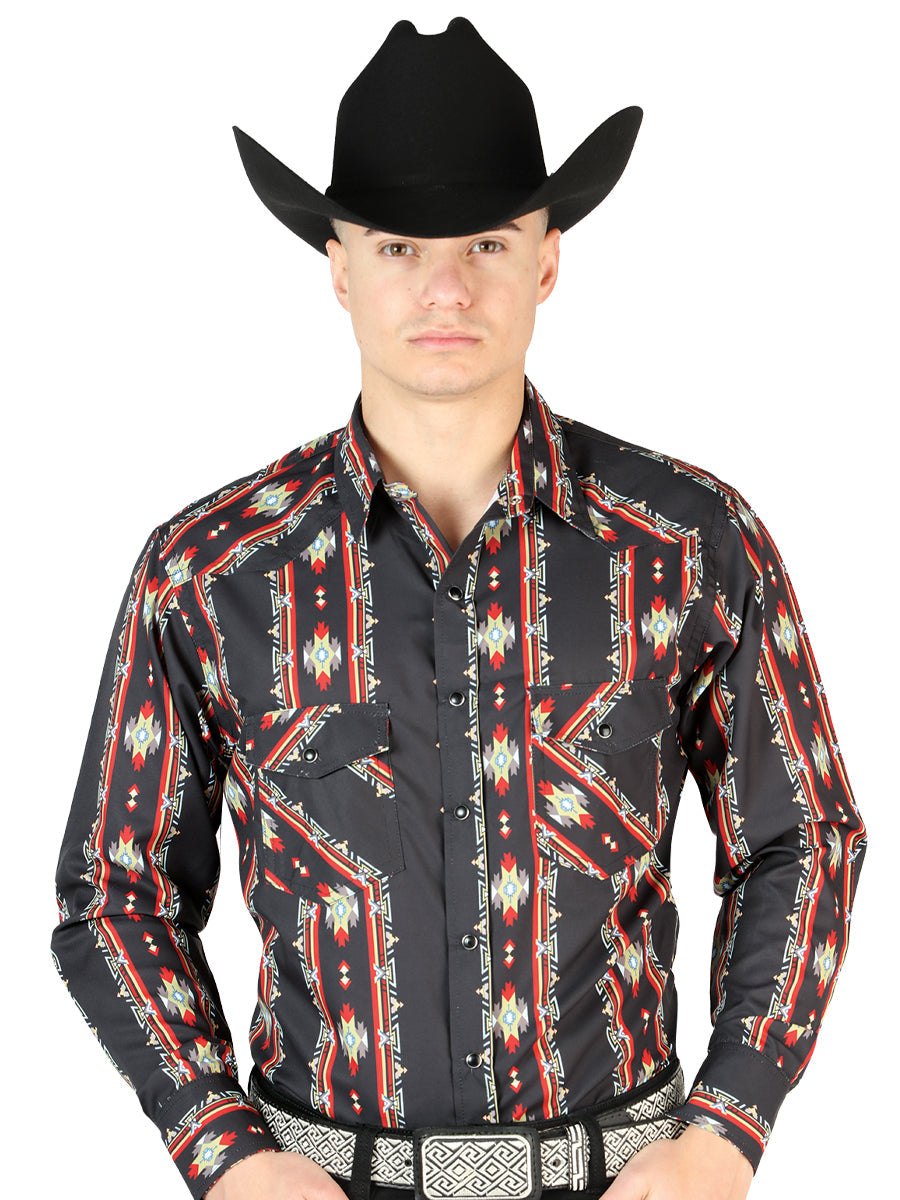 Atlas For Men Cowboy Western Black Cotton Long Sleeve Shirt