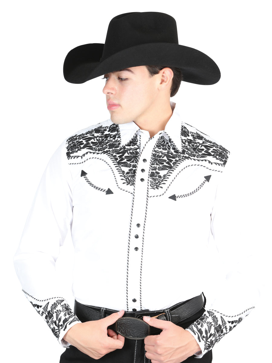 El Señor De Los Cielos Embroidery Shirt White/Black Mod. 44334