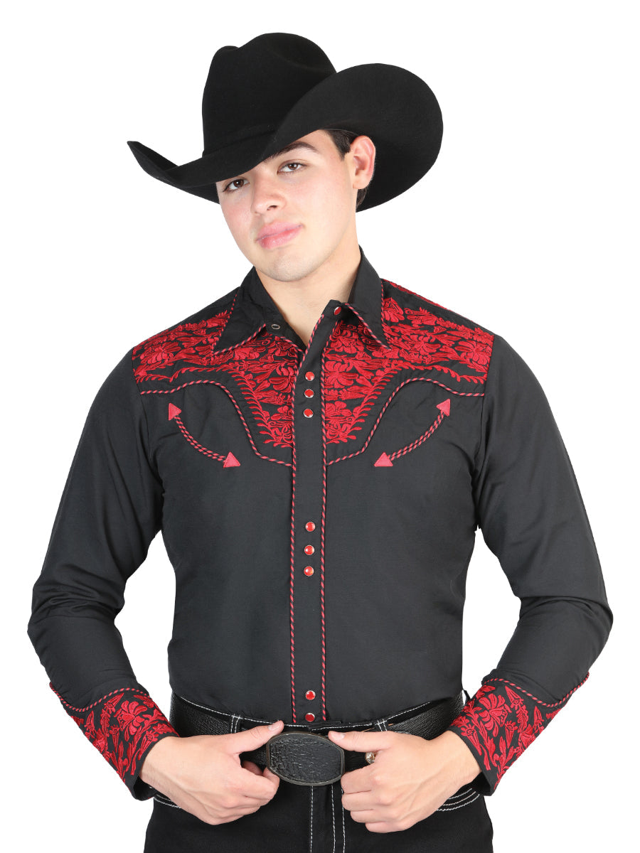 Camisa Bordada El Señor De Los Cielos Negro/Rojo Mod. 44335