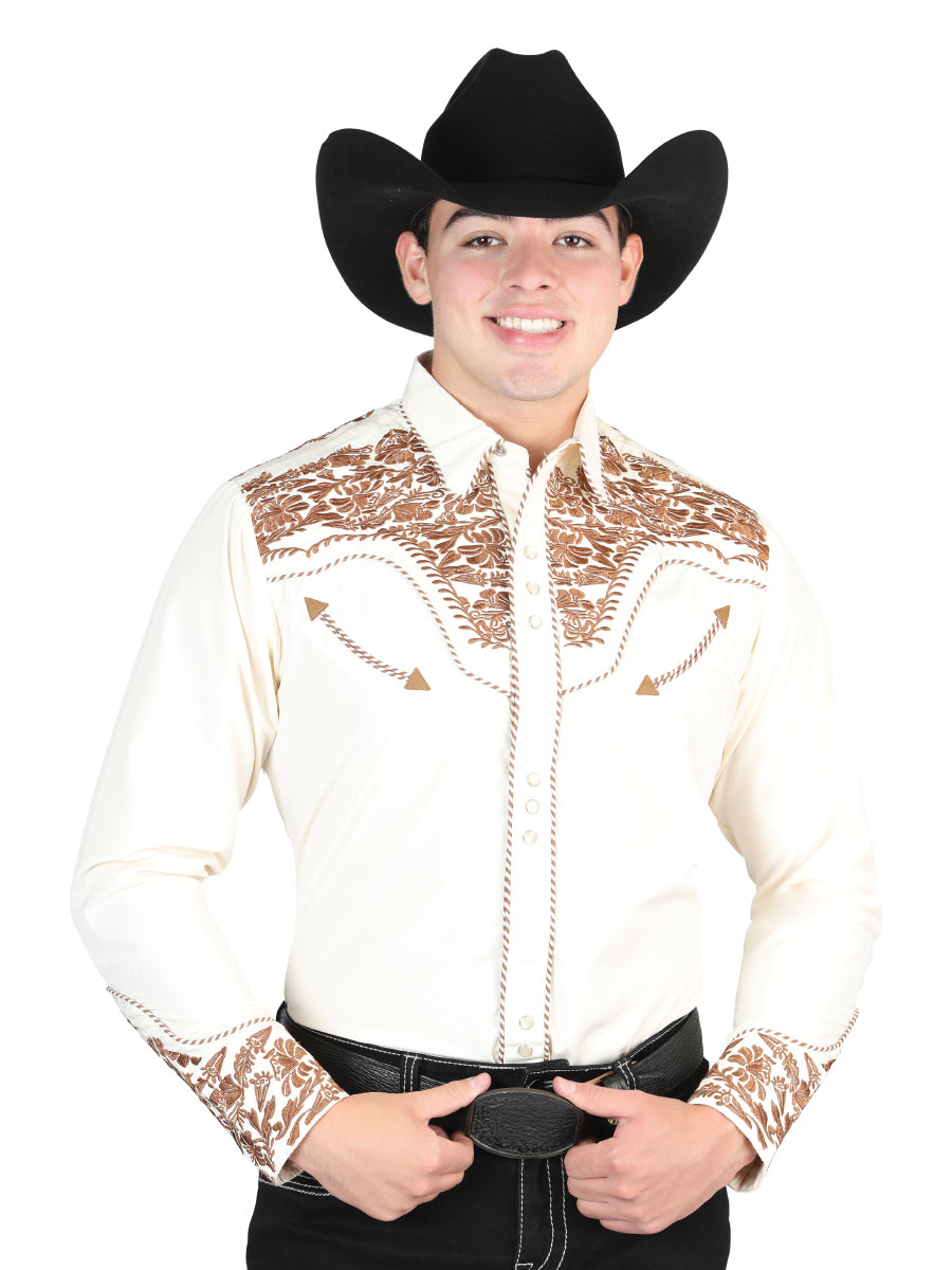 El Señor De Los Cielos Embroidery Shirt Beige/Dark Camel