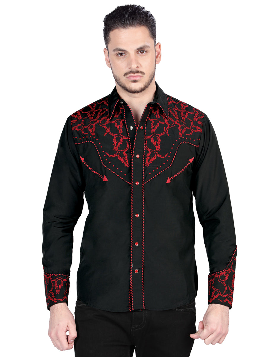 Camisa Bordada El Señor De Los Cielos Negro/Rojo Mod. 44339