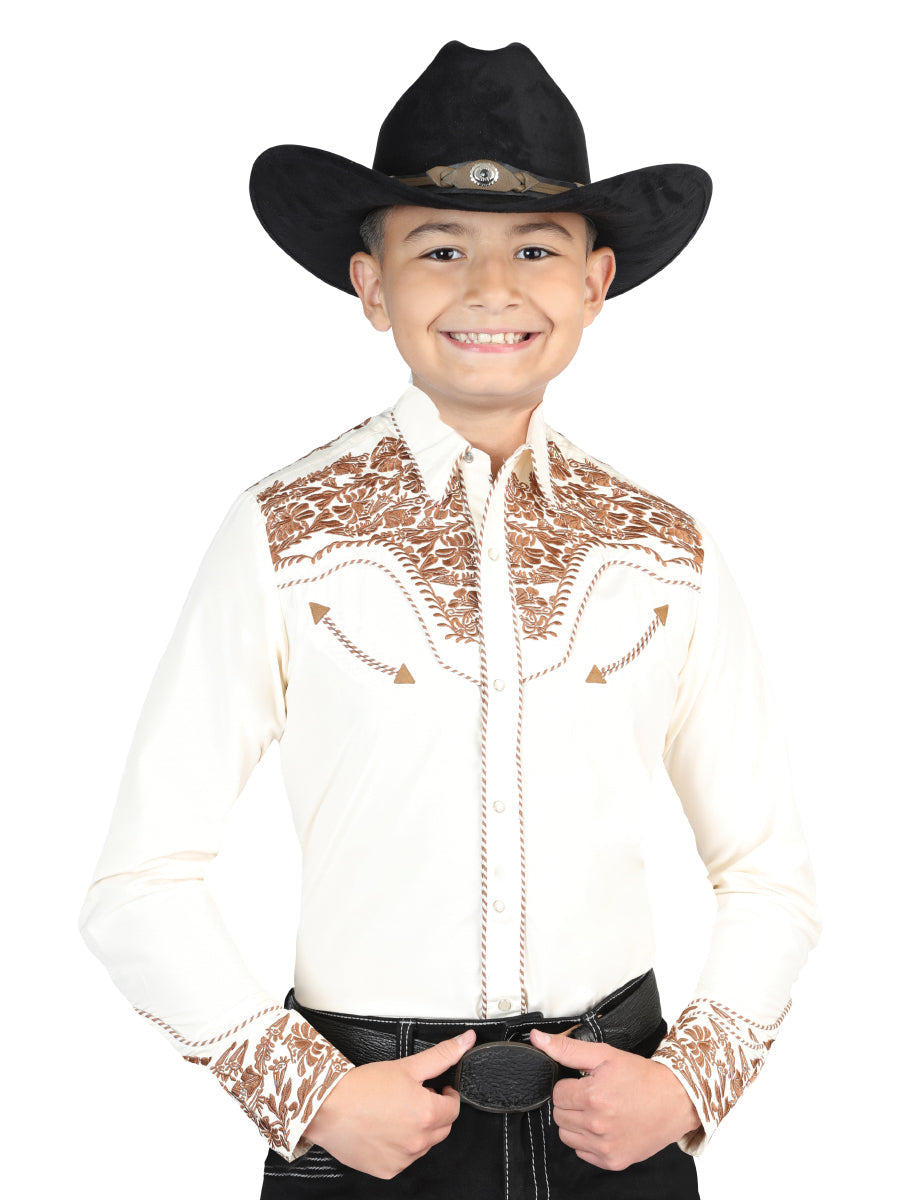 Camisa Niño Señor De Los Cielos Bordada Beige/Camel Oscuro