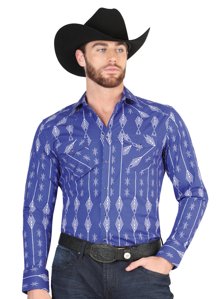 Men's Casual Long-Sleeve Shirt by Blue/White