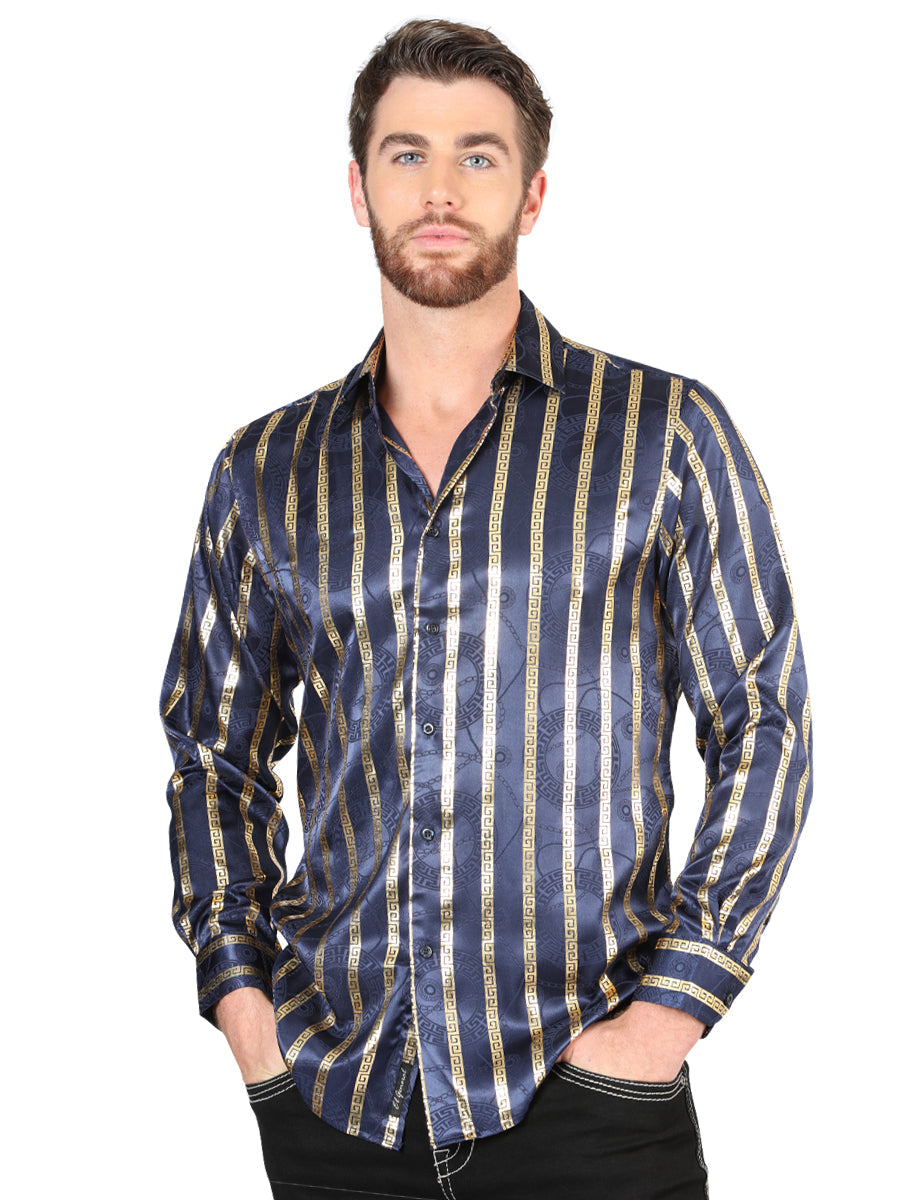 Men's Navy/Gold Casual Long-Sleeve Shirt