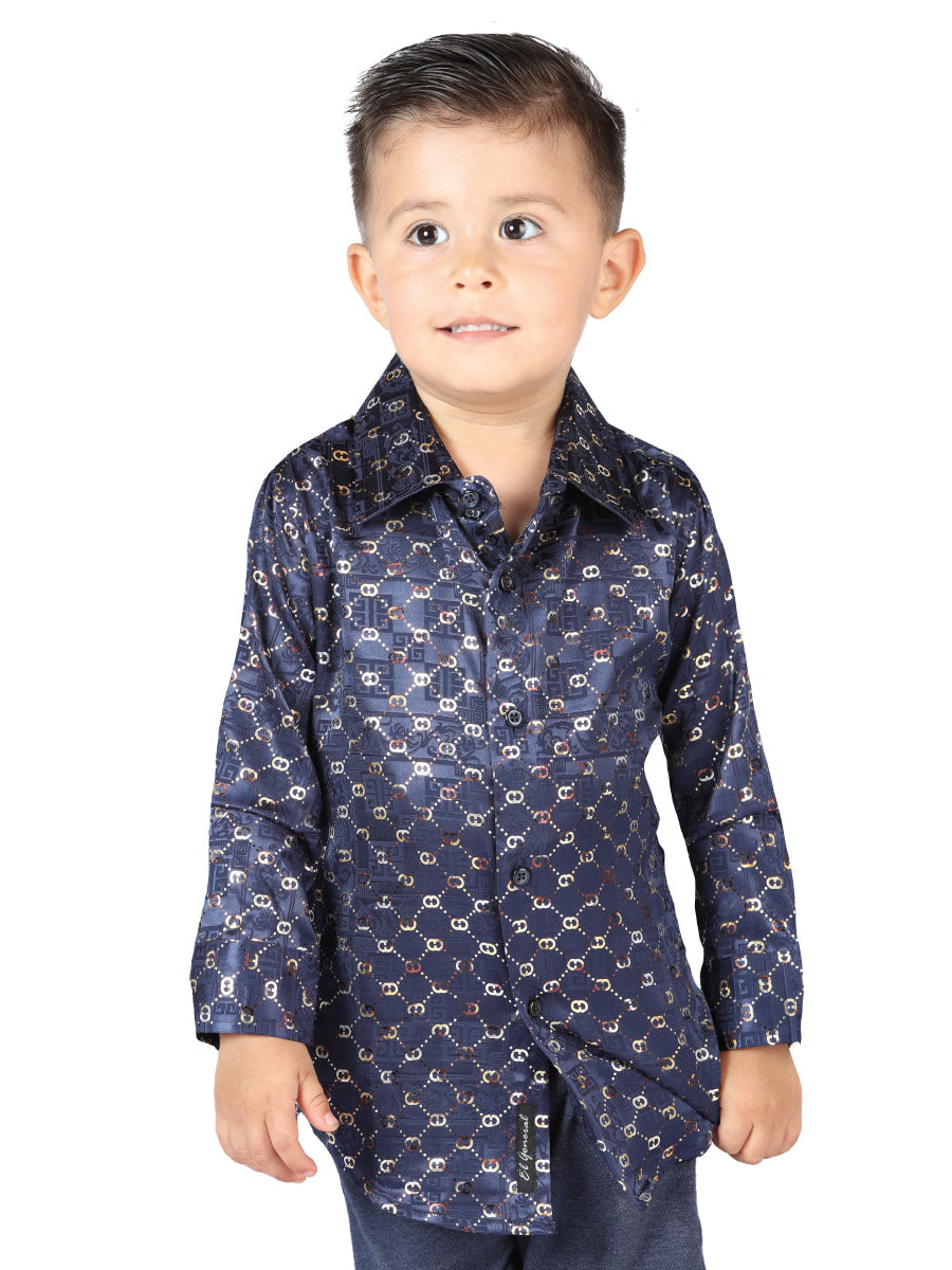 Camisa casual de manga larga azul marino/dorada, modelo 44566