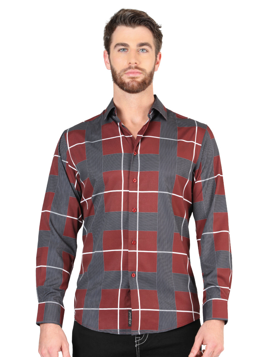 Burgundy/Gray Casual Long-Sleeve Shirt