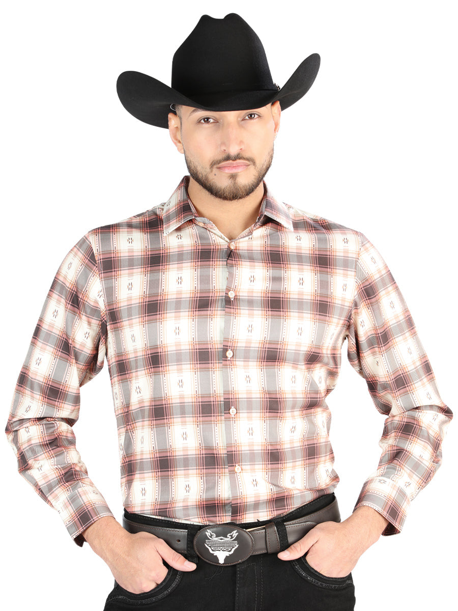Men's Casual Long Sleeve Shirt Orange/Beige