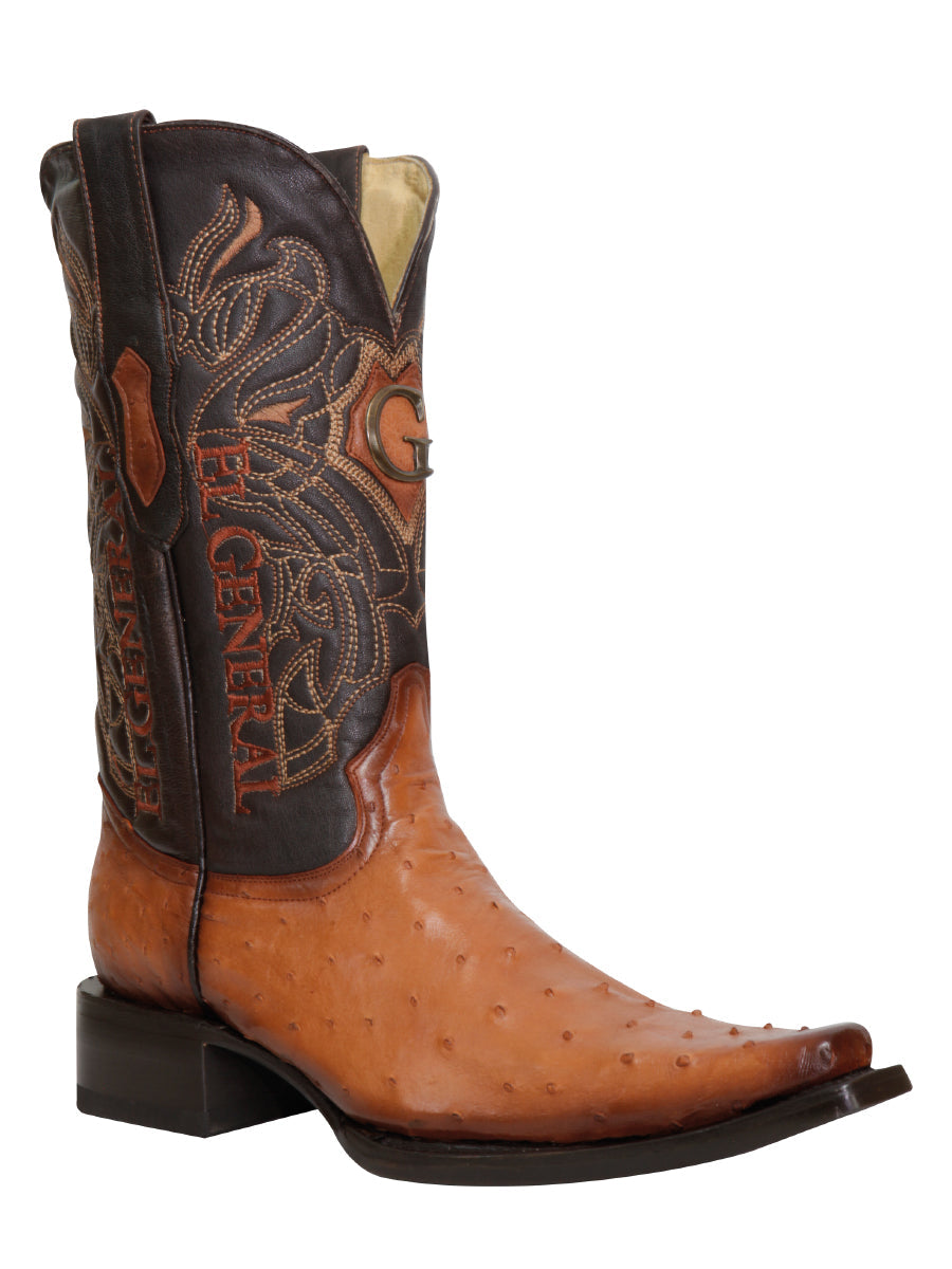 El General Men's Exotic Ostrich Leather Cowboy Boots Cognac Mod. 45077