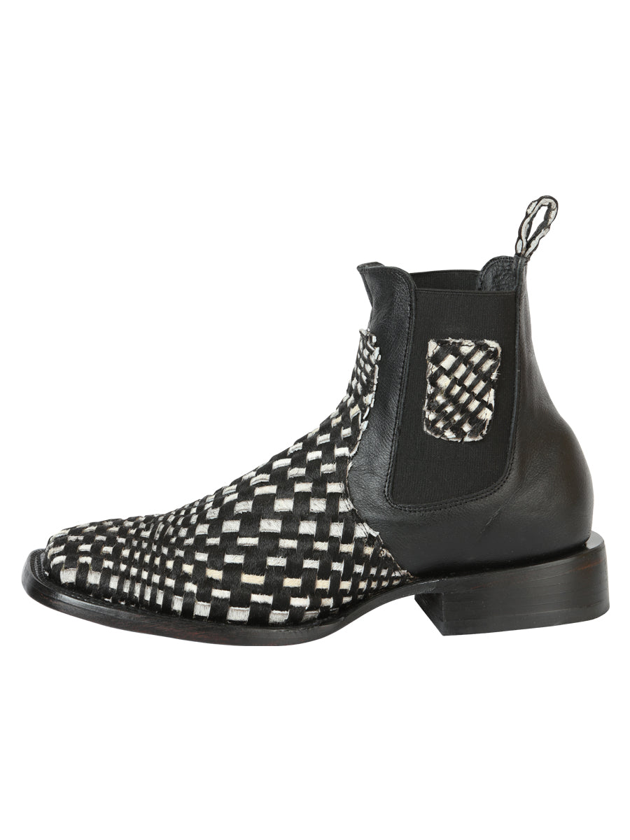 El General Men's Rodeo Ankle Boots Woven Hair-On Leather Black/White