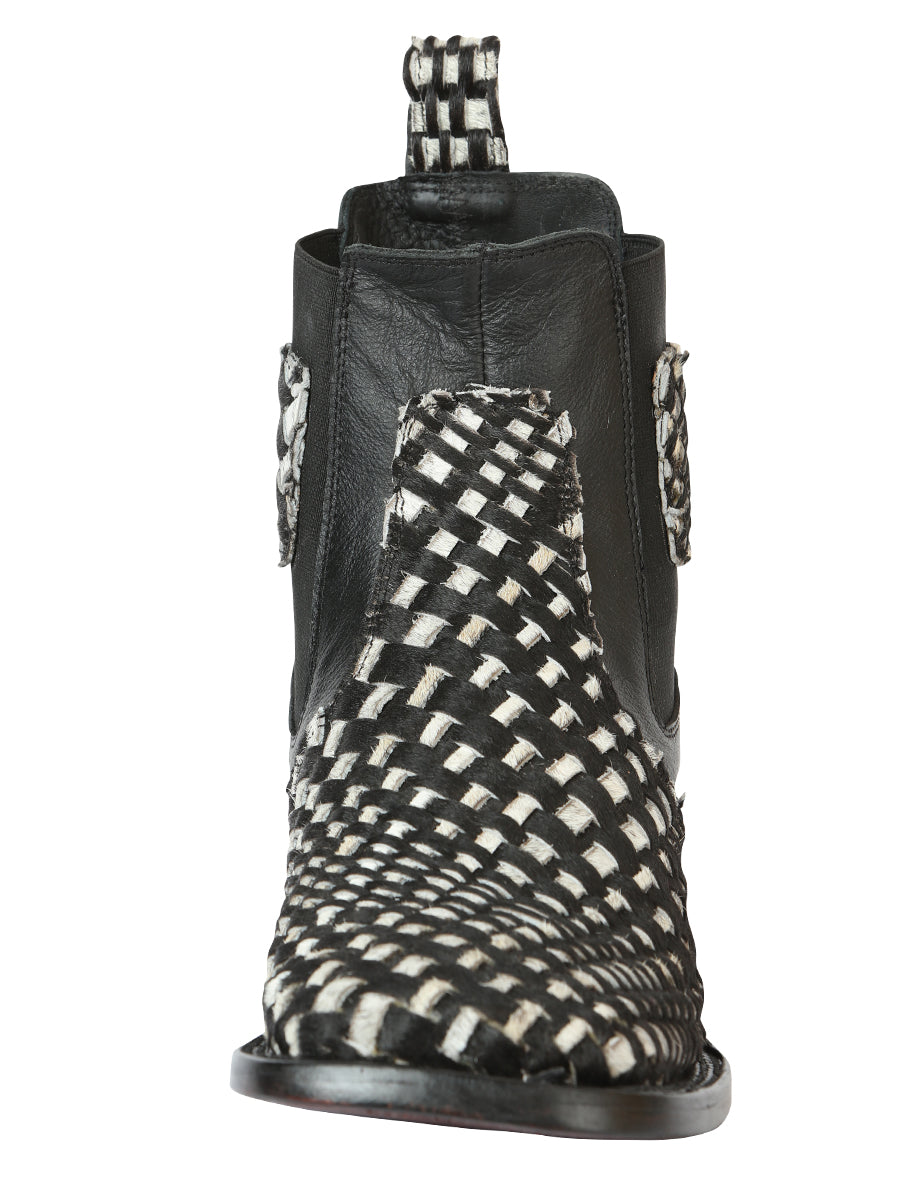 El General Men's Rodeo Ankle Boots Woven Hair-On Leather Black/White