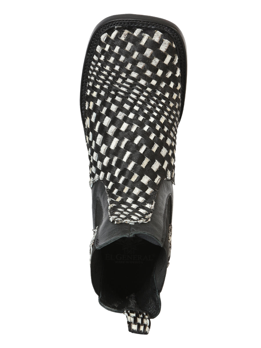 El General Men's Rodeo Ankle Boots Woven Hair-On Leather Black/White