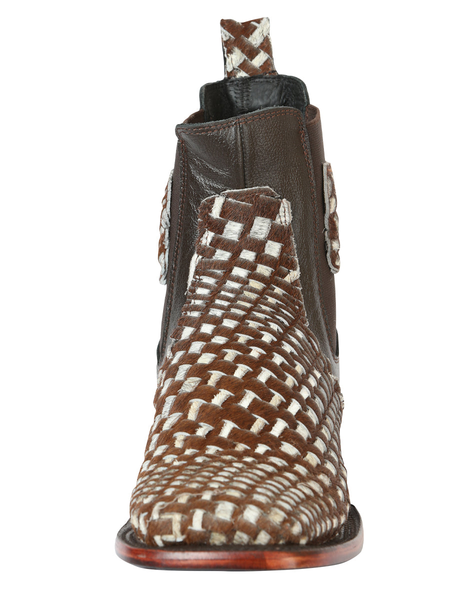 El General Men's Rodeo Ankle Boots Woven Hair-On Leather Brown/White